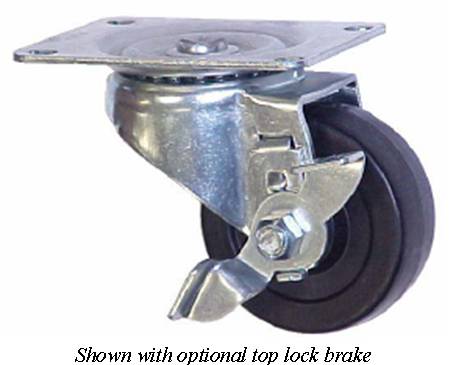 Caster; Swivel; 3x1-1/2; Phenolic; Top Plate (2-1/2x3-5/8; hole spacing: 1-3/4x2-7/8 slotted to 3; 5/16 bolt); Zinc; Steel Spanner; 350#; Top lock brake (Item #67304)