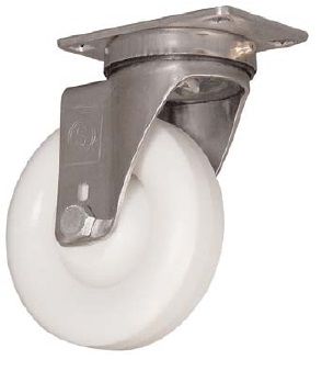 Caster; Swivel; 5" x 1-1/4"; Crowned Polyolefin; Plate (2-3/8"x3-5/8"; holes: 1-3/4"x2-7/8" slotted to 3"; 5/16" bolt); Stainless; 300#; Dust Cover (Mtl) (Item #65695)