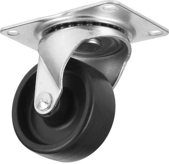 Caster; Swivel; 3" x 1-1/4"; Polyolefin LD; Plate (3-1/8"x4-1/8"; holes: 2-3/8"x3-3/8" slotted to 3-7/16"; 5/16" bolt); Zinc; Plain bore; 250# (Item #66854)