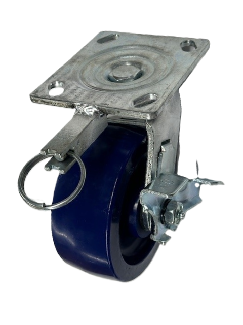 Caster; Swivel; 5" x 2"; Polyurethane (One piece); Plate (4"x4-1/2"; holes: 2-5/8"x3-5/8" slotted to 3"x3"; 3/8" bolt); Roller Brng; 900#; Position Lock; Brake (Item #68861)