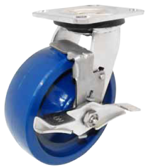 Caster; Swivel; 5" x 2"; Polyurethane (One piece solid); Top Plate (4"x4-1/2"; holes: 2-5/8"x3-5/8" slotted to 3"x3"; 3/8" bolt); Zinc; Roller Brng; 900#; Brake (Item #68860)