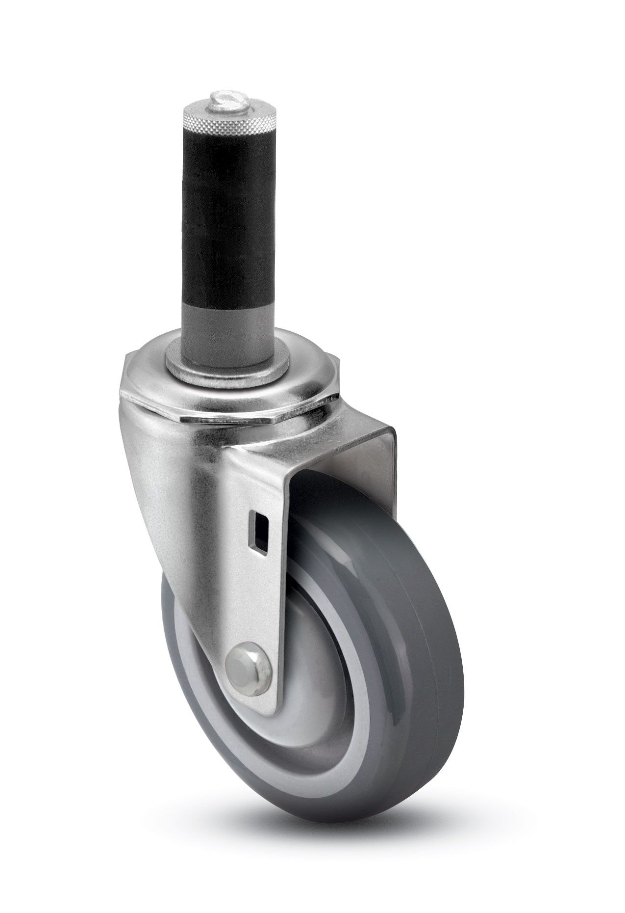 Caster; Swivel; 4" x 1-1/4"; PolyU on PolyO (Gray); Expandable Adapter (Round for 1" - 1-1/16" ID tubing); Zinc; Prec Ball Brng; 300#; Dust Cover; Total Lock (Item #63854)