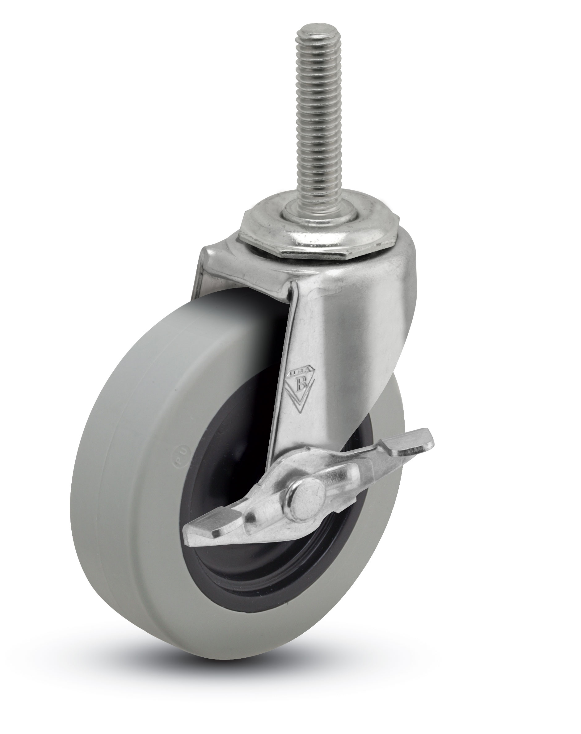 Caster; Swivel; 3" x 13/16"; PolyU on PolyO (Gray); Threaded Stem (3/8"-16TPI x 1-1/2"); Zinc; Plain bore; 120#; Brake (Item #63382)