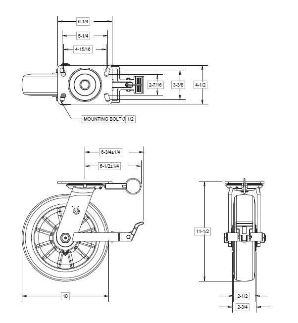 Caster; Swivel; 6"x3"; Ductile Steel; Plate (4-1/2x6-1/4; holes: 2-7/16x4-15/16 slots to 3-3/8x5-1/4); Roller Brng; 6000#; KpinLess; Face Brake; Pos Lock (Item #63067)