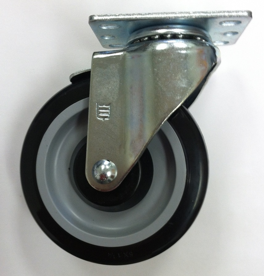 Caster; Swivel; 5 x 1-1/4; PolyU on PolyO; Plate (2-5/8x3-3/4; holes: 1-3/4x2-3/4 slotted to 3; 5/16 bolt); Zinc; Prec Ball Brng; 315#; Dust Cover (Item #65080)