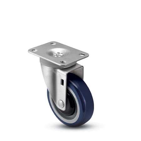 Caster; Swivel; 5" x 1-1/4"; PolyU on PolyO (Blue); Plate (2-5/8"x3-3/4"; holes: 1-3/4"x2-3/4" slotted to 3"; 5/16" bolt); Prec Ball Brng; 315#; Bearing Cover (Item #66736)
