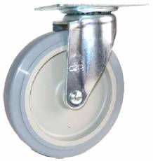 Caster; Swivel; 3" x 1-1/4"; PolyU on PolyO (Gray); Plate (2-1/2"x3-5/8"; holes: 1-3/4"x2-7/8" slotted to 3"; 5/16" bolt); Stainless Rig & Ball Brng; 275# (Item #65378)