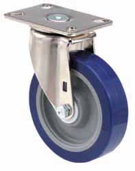 Caster; Swivel; 4" x 1-1/4"; PolyU on PolyO (Blue); Plate (2-1/2"x3-5/8"; holes: 1-3/4"x2-7/8" slotted to 3"; 5/16" bolt); Zinc; Ball Brng; 275# (Item #67587)