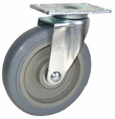 Caster; Swivel; 4"x1-1/4"; PolyU on PolyO (Gray); Plate (2-1/2"x3-3/4"; holes: 1-3/4"x2-7/8" slotted to 3"; 5/16" bolt); Stainless yoke and bearing; 275# (Item #67376)