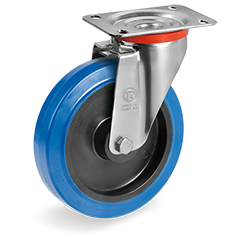 Caster; Swivel; 5" x 1-1/2"; Elastic Rubber Wheel (Blue); Plate (85mm x 100mm: holes: 60mmx80mm; 9mm bolt); Galv Steel Yoke; Ball Brng; 440# (Item #64366)