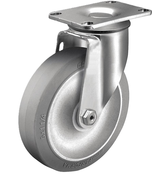 Caster; Swivel; 5" x 1-1/4"; Rubber on Alum; Plate; 2-1/2"x3-5/8"; holes: 1-3/4"x2-7/8" (slots to 3"); 5/16" bolt; Zinc; Prec Brng; Wgt Cap: 250# (Item #69881)