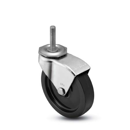 Caster; Swivel; 2 x 13/16; Rubber; Hard; Threaded Stem; 5/16-18TPI x 1; Zinc; Plain bore; 90#; Hood (Item #68081)