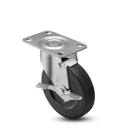 Caster; Swivel; 3" x 1-1/4"; Phenolic; Plate; 2-3/8"x3-5/8": holes: 1-3/4"x2-7/8" (slotted to 3"); 3/8" bolt; Zinc; Spanner; 300#; Dust Cover (Mtl); Tread Brake (Item #64624)