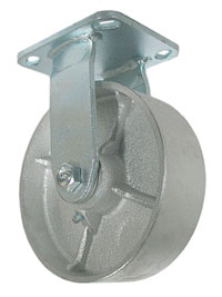 Caster; Rigid; 6"x2"; Cast Iron; Plate (4-1/2"x6-1/4"; holes: 2-7/16"x4-15/16" slotted to 3-3/8"x5-1/4"; 1/2" bolt); Zinc; Roller Brng; 1200# (Item #67345)