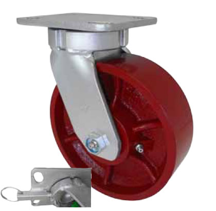 Caster; Swivel; 10" x 3"; Steel (Ductile); Plate (5-1/4"x7-1/4"; holes: 3-3/8"x5-1/4" slots to 4-1/8"x6-1/8"); Roller Brng; 5000#; Kingpinless; 4 Position Lock (Item #64568)