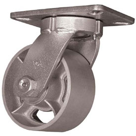 Caster; Swivel; 8" x 2"; Cast Iron; Top Plate (4"x4-1/2"; holes: 2-5/8"x3-5/8" slotted to 3"x3"; 3/8" bolt); Zinc; Roller Brng; 1600#; Kingpinless (Item #65799)