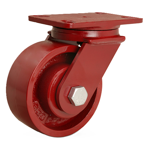 Caster; Swivel; 6" x 2-1/2"; Cast Iron; Plate (4-1/2"x6-1/4"; holes: 2-7/16"x4-15/16" slots to 3-3/8"x5-1/4"; 1/2" bolt); Painted; Roller Brng; 2200#; Cam Brake (Item #62951)