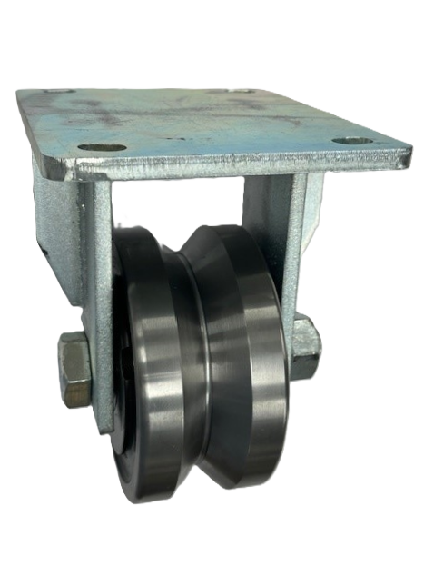 Caster; Rigid; 6" x 3"; V-Groove (1-3/8) Drop Forged Steel; Plate (6-1/4"x7-1/2": holes: 4-1/8"x6" slots to 4-1/2"x6-1/8"; 1/2" bolt); Znc; Tapered Brng; 10000# (Item #63018)