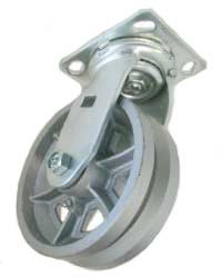 Caster; Swivel; 6" x 3"; V-Groove (1-3/8") Cast Iron; Plate (4-1/2"x6-1/4"; holes: 2-7/16"x4-15/16" slotted to 3-3/8"x5-1/4"; 1/2" bolt); Roller Brng; 2400# (Item #66464)