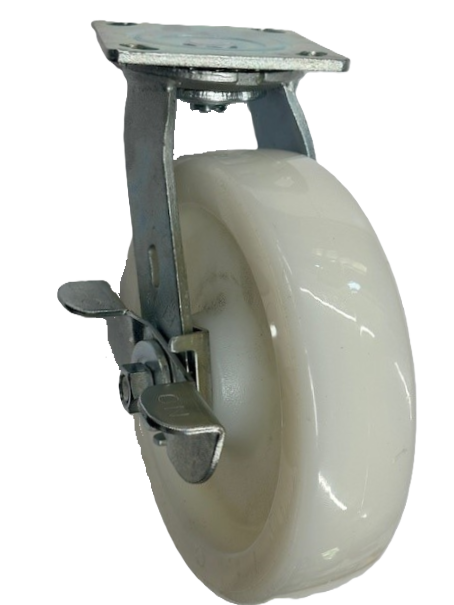 Caster; Swivel; 8" x 2"; Nylon; Plate (4"x4-1/2"; holes: 2-5/8"x3-5/8" slots to 3"x3"; 3/8" bolt); Zinc; Roller Brngs; 1250#; Cam Brake (Item #63035)