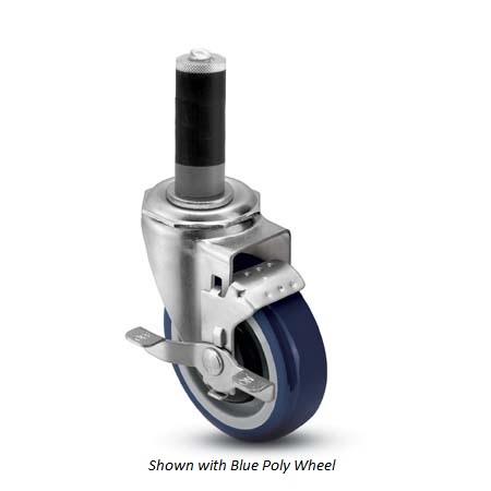Caster; Swivel; 5" x 1-1/4"; PolyU on PolyO (Blue); Expandable Adapter (1-1/2" - 1-9/16" ID tubing); Precision Ball Brng; 300#; Bearing Cover; Brake (Item #63392)