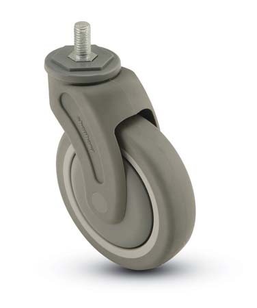 Caster; Swivel; 5" x 1-1/4"; Thermoplastized Rubber (Gray); Hollow Kingpin (1/2" bolt hole); Nylon (Gray); Precision Ball Brng; 325#; Thread guards (Item #65232)