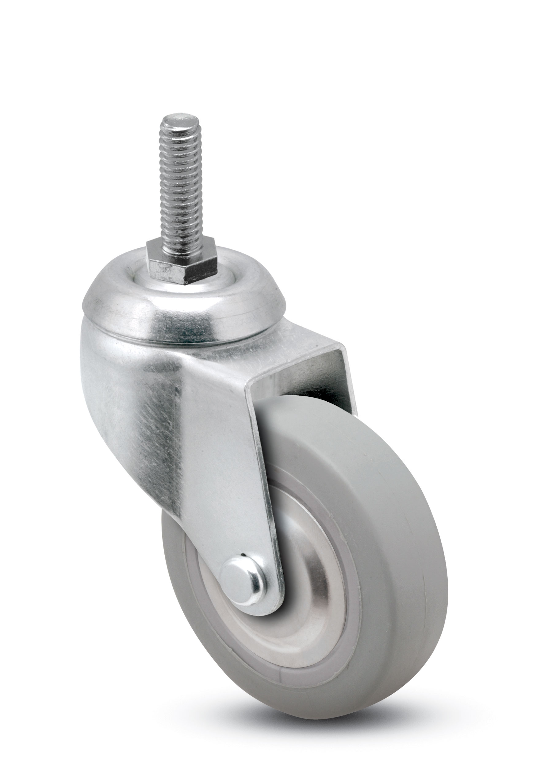 Caster; Swivel; 3 x 15/16; Thermoplastized Rubber (Gray); Threaded Stem; 5/16-18TPI x 1; Zinc; Plain bore; 110#; Thrd Grds (Item #67964)