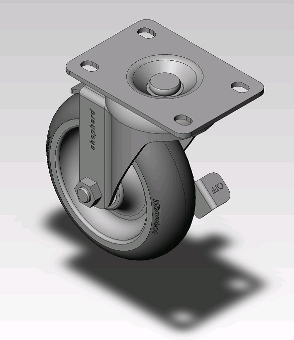 Caster; Swivel; 4 x 1-1/4; Monoprene (Donut); Top Plate (2-5/8x3-3/4; holes: 1-3/4x2-3/4 slotted to 3; 5/16 bolt); Zinc; Precision Ball Brng; 250#; Tread brake (Item #66628)