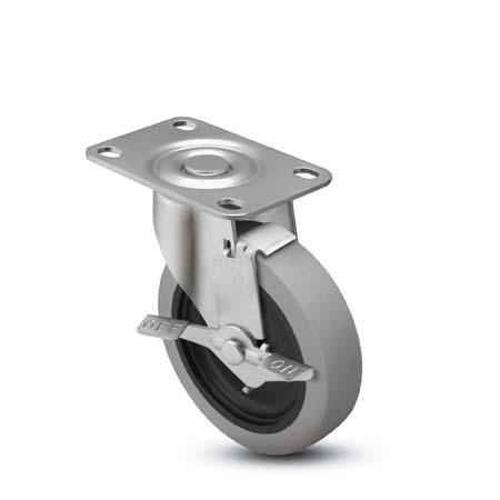 Caster; Swivel; 3-1/2x1-1/4; Gray TPR Rubber; Plate (2-3/8x3-5/8; holes: 1-3/4x2-7/8 slotted to 3; 5/16 bolt); Precision Ball Brng; 250#; Tread Brake (Item #66892)