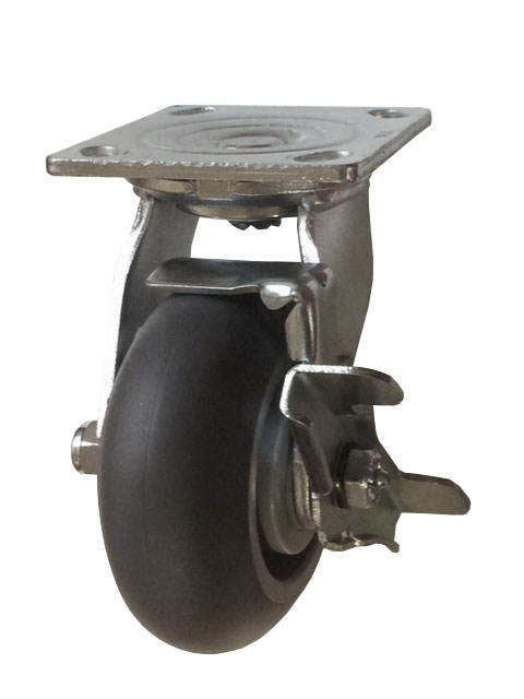 Caster; Swivel; 4" x 2"; TPR Rubber Donut (Gray); Plate (4"x4-1/2"; holes: 2-5/8"x3-5/8" slotted to 3"x3"; 3/8" bolt); Stainless; Delrin Spanner; 350#; Brake (Item #64615)
