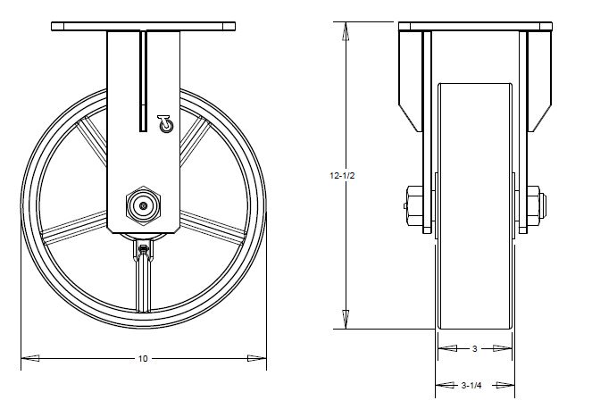 (image for) Caster; Rigid; 10 x 3; PolyU on Cast Iron (Gr/Bk); Top Plate (6-1/4x7-1/2: holes: 4-1/8x6 slotted to 4-1/2x6-1/8; 1/2 bolt); Zinc; Roller Brng; 3000# (Item #66595)