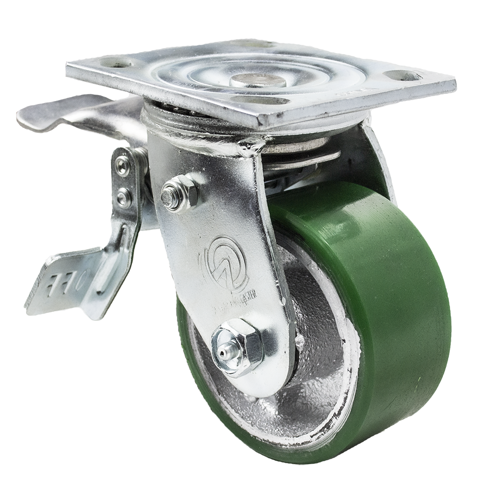 Caster; Swivel; 8" x 2"; PolyU on Cast Iron; Plate (4"x4-1/2"; holes: 2-5/8"x3-5/8" slots to 3x3; 3/8 bolt); Roller Brng; 1250#; Total Lock (Leading) (Item #66799)