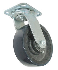 Caster; Swivel; 6" x 2-1/2"; PolyU (Crowned) on Cast (Bl/Bk); Plate (4-1/2"x6-1/4"; holes: 2-7/16"x4-15/16" slotted to 3-3/8"x5-1/4"; 1/2" bolt); Rlr Brg; 1700# (Item #66429)