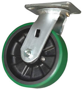Caster; Swivel; 6" x 2"; PolyU on Cast Iron; Plate; 4"x4-1/2"; holes: 2-5/8"x3-5/8" (slotted to 3"x3"); 3/8" bolt; Roller Brng; 1200# (Usu red or green tread). (Item #68146)
