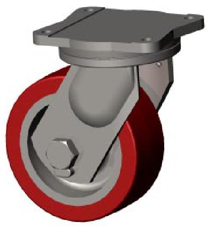 Caster; Swivel; 8"x2-1/2"; PolyU/ Cast (Red/Gr); Plate; 4-1/2"x6-1/4"; holes: 2-7/16"x4-15/16" (slotted to 3-3/8"x5-1/4"); 1/2" bolt; Roller brg; 2000# (Item #68919)