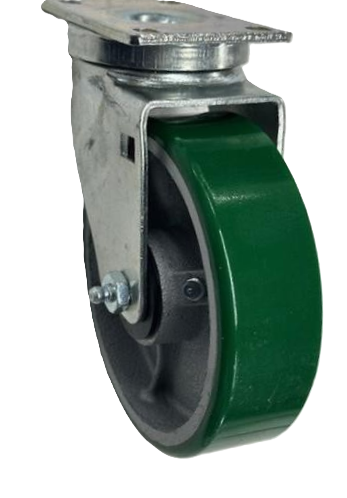 Caster; Swivel; 5" x 1-1/2"; PolyU on Cast Iron; Plate (2-1/2"x3-5/8"; holes: 1-3/4"x2-7/8" slots to 3"; 5/16" bolt); Zinc; Roller Brng; 400#; Dustcap (Item #62954)