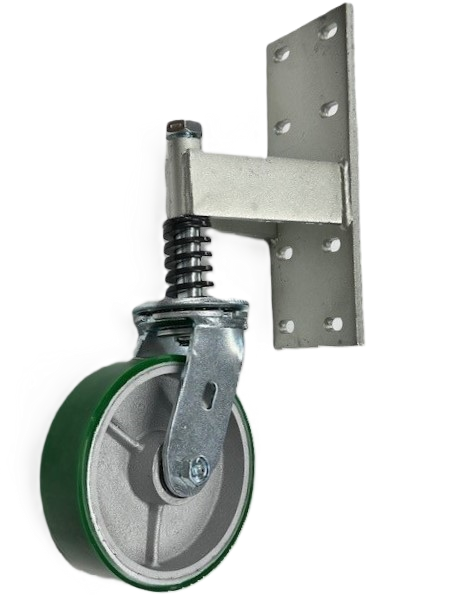 Spring Loaded Gate Swivel Caster; 6" x 2"; PolyU on Cast Iron; Bracket (11"x4"; 8 holes 1-3/4" (slotted to 3") x 9-1/2";  7/16" bolt); Zinc; Roller Brng; 700# (Item #65909)