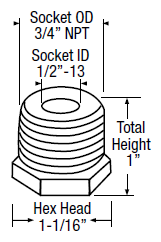 (image for) Socket; 1" O.D. x 1/2" I.D.; Steel; 3/4" NPT Thread; accepts 1/2" x 13TPI Threaded Stem casters; height 1" (See also item 87377 for Grip Ring stem casters) (Item #89452)