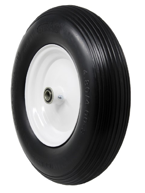 Wheel; 15-1/2" x 3-3/4"; Foam-Filled Flat Free Tire (Black); Prec Ball Brngs; 3/4" Bore; 3" Hub Length; 520#; White Centered One-piece Hub; Ribbed Tread (Item #87469)