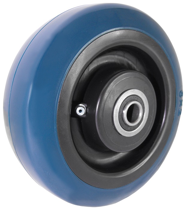 Wheel; 8" x 2"; PolyU on PolyO (Usu Red or Blue); Roller Brng; 1/2" Bore; 2-7/16" Hub Length; 950# (Item #89294)