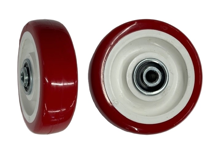 Wheel; 6" x 1-1/4"; PolyU on PolyO (Red/ White); Dual Ball Bearings; 350#; 3/8 Bore; 1-9/16 Hub Length (Item #87355)