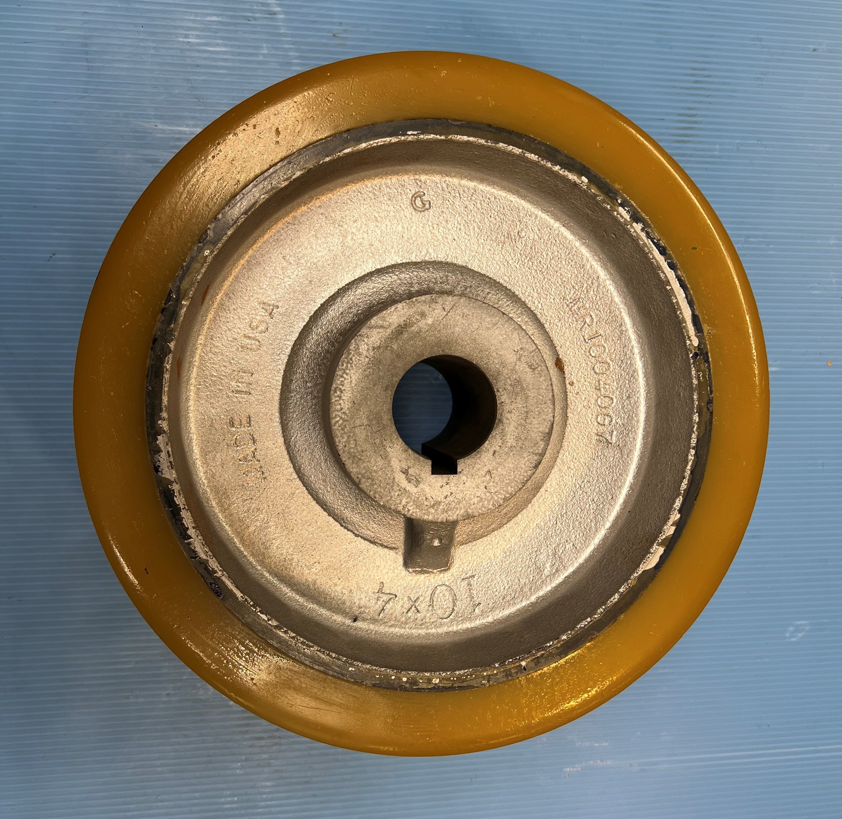 Wheel; 10" x 3.5"; 90A PolyU on Cast Iron; 1-1/2" Bore; 3-1/2" Hub Length; 1400#; 3/8" x 3/16" Keyway (Item #87196)