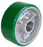 Wheel; 5" x 1-1/2"; PolyU on Cast Iron (Usu Red or Green); Roller Brng; 1/2" Bore; 1-7/8" Hub Length; 750# (Item #88261)