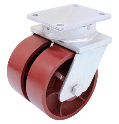 Dual Wheel Caster; Swivel; 6" x 3"; Crowned Ductile; Plate (6-1/4"x7-1/2": holes: 4-1/8"x6" slots to 4-1/2"x6-1/8"; 1/2" bolt); Tapered Brng; 20000#; Kngpnless (Item #63120)