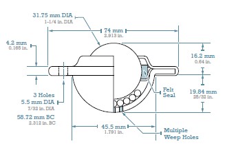 (image for) Ball Transfer; 1-1/4" Stainless Steel Ball; Round (74mm diameter: 3 holes: 2-5/16" apart); Stainless Housing; 275#; Weep Hole(s) (Item #87257)