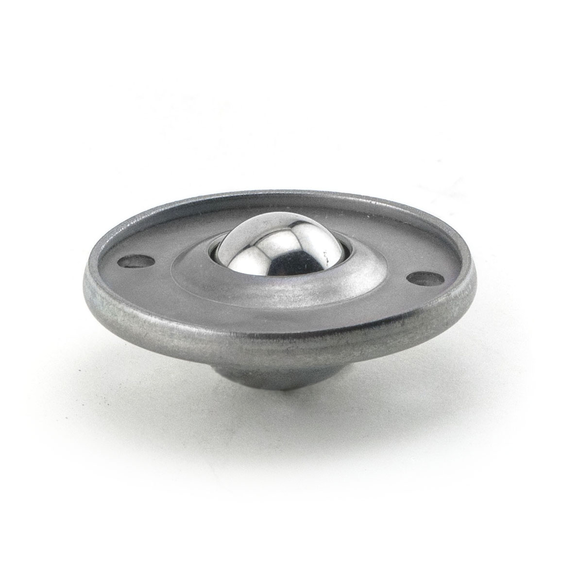 Ball Transfer; Low Profile; 5/8" Steel ball; Flange (1-11/16" diameter; two 1/8" holes: 1-1/4" apart); Carbon Steel flange; 20#; 3/8" profile (Item #88815)