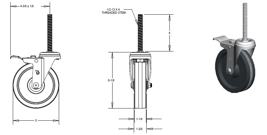 (image for) Caster; Swivel; 5" x 1-1/4"; Phenolic; Threaded Stem (1/2"-13TPI x4"); Zinc; Plain bore; 350#; Dustcap; Total Lock (Item #65017)