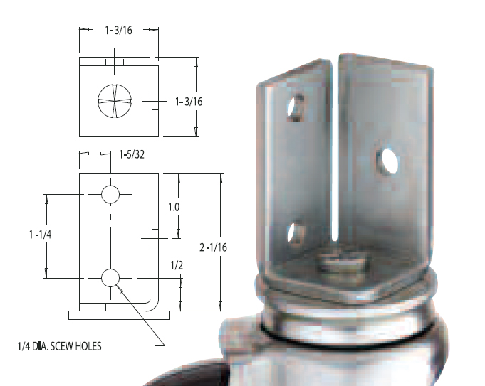 (image for) Caster; Swivel; 2" x 7/8"; Rubber (Soft; non-marking); Angle Iron Bracket (1-3/16"x2-1/16"; 3 holes; 1/4" bolt); Zinc; Plain bore; 75# (Item #65686)