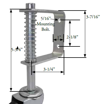 (image for) Gate Caster Bracket (1"x3-7/16"; Holes 2-1/8" apart); Accepts 7/16" Grip Riing stem caster (max 4" wheel); 30# to full spring deflection. 2" spring movement. (Item #88511)