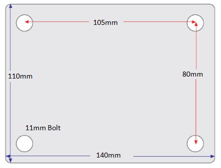 (image for) Caster; Rigid; 150mm x 40mm; PolyU (Orange) on Alum; Plate (110mmx140mm: holes: 80mmx105mm; 11mm bolt); Zinc; Precision Ball Brng; 1100# (Item #64426)